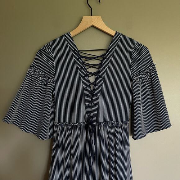 LA LIGNE La Boheme Dress Striped Lace Up Maxi Navy Blue Size XS Tiered Flouncy‎ - Picture 11 of 16